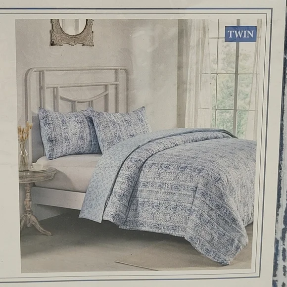 Simply Shabby Chic Duvet Set Indigo Batik Stripe Floral Blue 2 Pc TWIN Size NEW